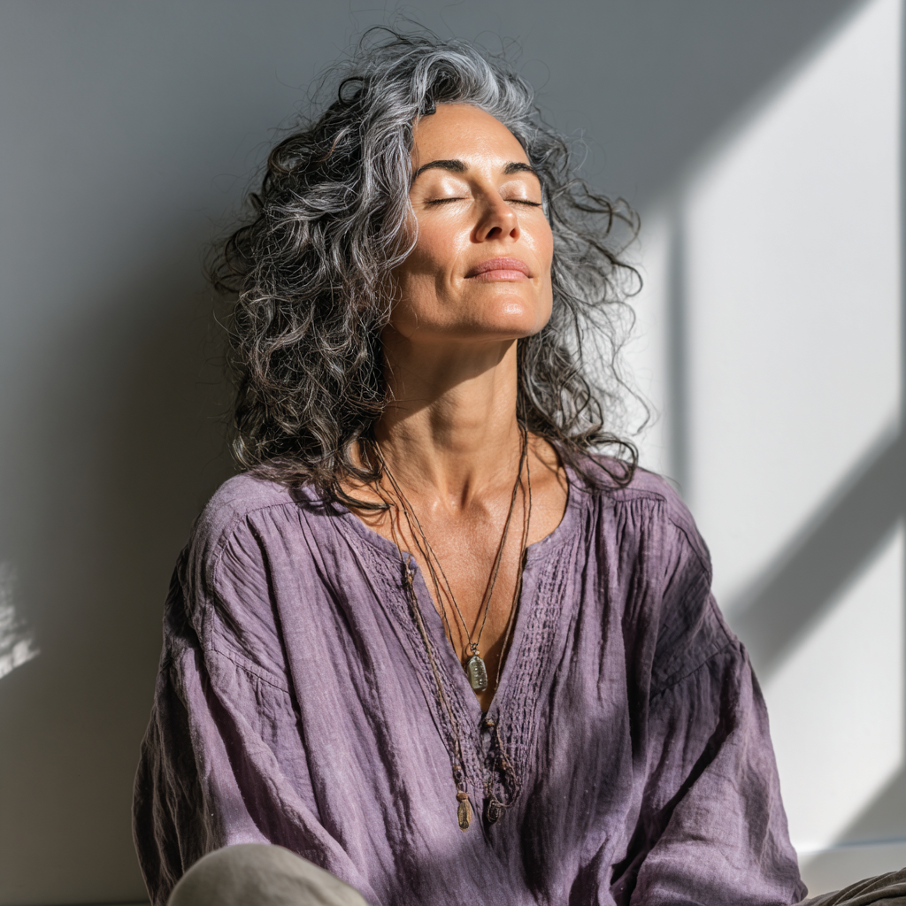 A woman in her late 40s with gray-streaked hair practicing peaceful seated yoga meditation pose in a bright minimalist studio, wearing comfortable lavender yoga clothes, eyes closed in deep concentration, natural morning light streaming through large windows, expressing serenity and inner peace